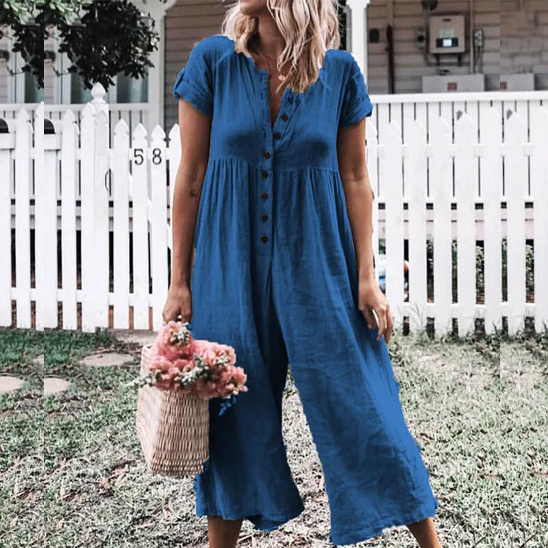 Fanbety Women V Neck Short Sleeve Linen Jumpsuit Summer Button Wide Leg Jumpsuit Rompers Plaid Print Loose 3XL Overalls Playsuit
Fanbety Women V Neck Short Sleeve Linen Jumpsuit Summer Button Wide Leg Jumpsuit Rompers Plaid Print Loose 3XL Overalls Playsuit