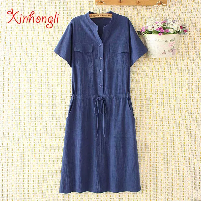 Plus size cotton short sleeve Slim waist women dress 2019 summer casual ladies stand collar black navy green vestidos female
Plus size cotton short sleeve Slim waist women dress 2019 summer casual ladies stand collar black navy green vestidos female