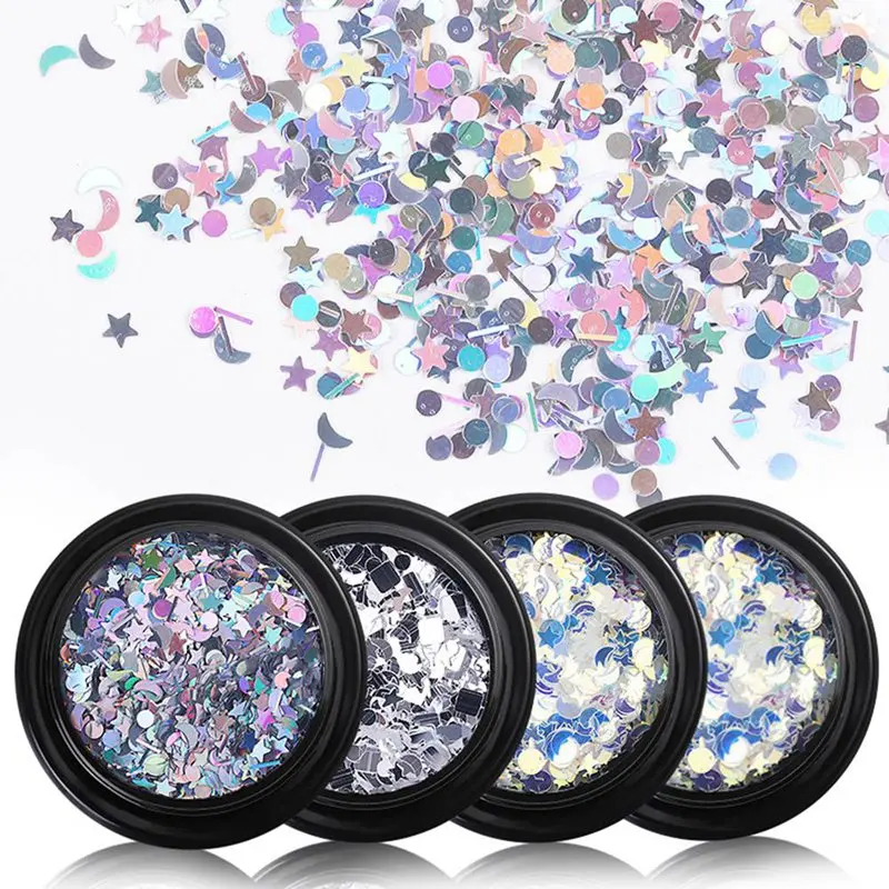 1Box Nail Glitter Flakes Mix Star Moon Heart Round Sequins Pigment Nail Art Decor Powder Holographic Manicure
1Box Nail Glitter Flakes Mix Star Moon Heart Round Sequins Pigment Nail Art Decor Powder Holographic Manicure