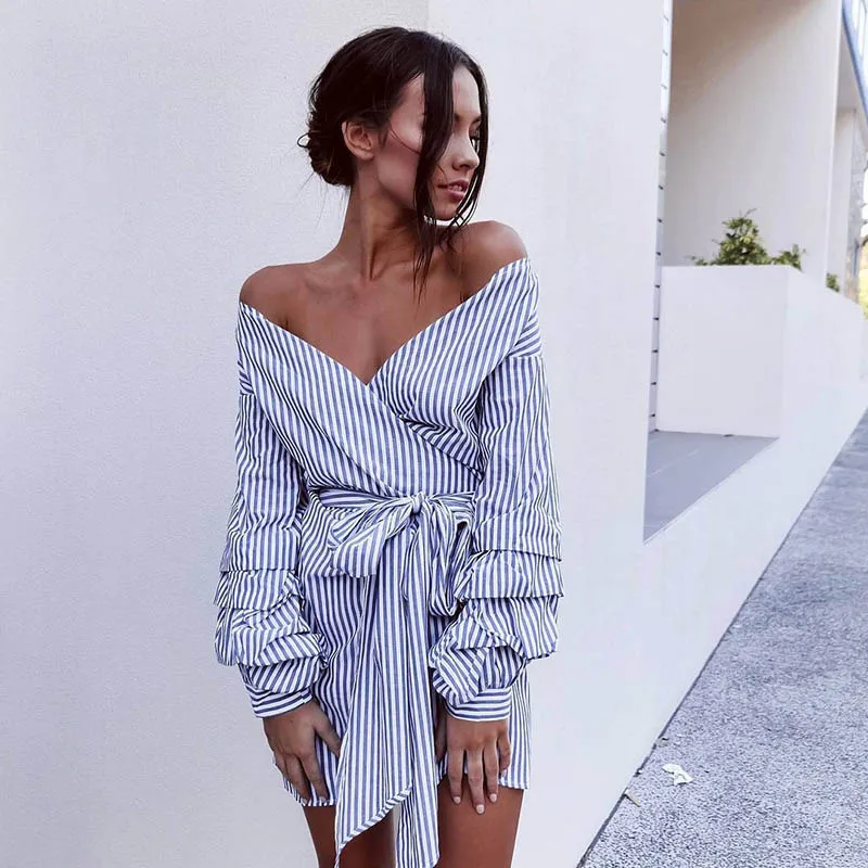 Sexy Striped Off Shoulder Women's Tunic Dress Long Sleeve V Neck Sashes Mini Dresses Ladies Summer Female Party Vestidos 2019
Sexy Striped Off Shoulder Women's Tunic Dress Long Sleeve V Neck Sashes Mini Dresses Ladies Summer Female Party Vestidos 2019