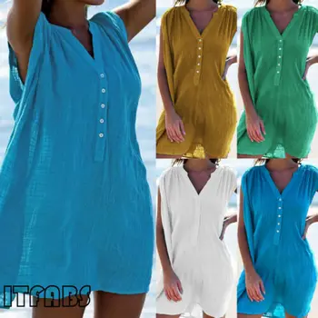 Women Summer Dresses Sundress V Neck Gathered Beach Holiday Short Linen Cover UP Dress
Women Summer Dresses Sundress V Neck Gathered Beach Holiday Short Linen Cover UP Dress