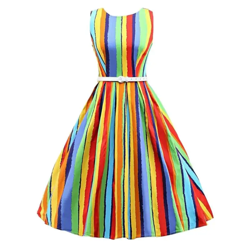 Retro Thin Colorful Stripe Slim Waist Sleeveless Dress With A Waistband For Women
Retro Thin Colorful Stripe Slim Waist Sleeveless Dress With A Waistband For Women