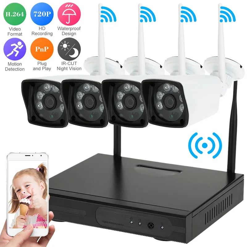 

Newest Real Plug & Play 4 Channel Wireless NVR Kit 720P 1.0MP HD Outdoor IR Night Vision Security IP Camera WIFI CCTV System