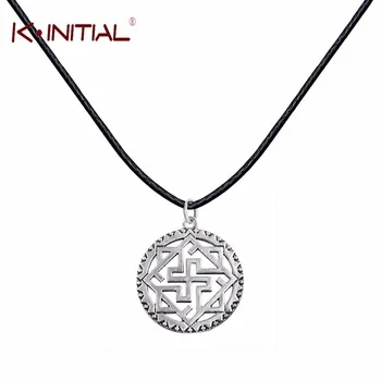 Kinitial 1Pcs Valkyrie Silver Slavic Pendant Necklace Viking Odin Thor Runes Warrior Charm Leather Chain Necklace for Women