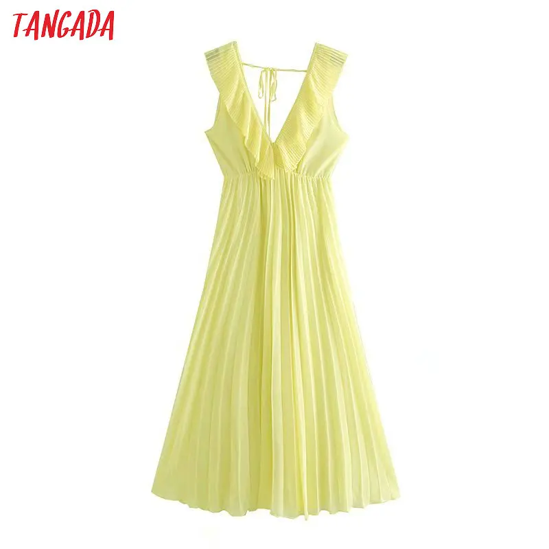 Tangada women yellow pleated dress sleeveless ruffles V-neck fashion 2019 ladies maxi long dress vestidos 4M14
Tangada women yellow pleated dress sleeveless ruffles V-neck fashion 2019 ladies maxi long dress vestidos 4M14