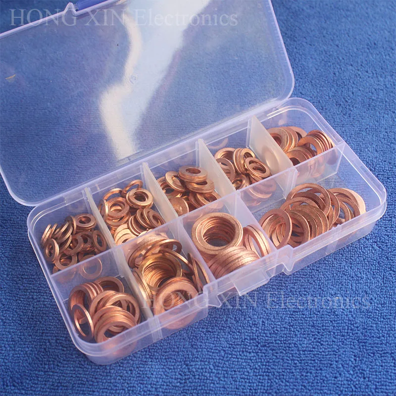 200pcs 9 Sizes Copper Washer Gasket Set Flat Ring Seal Kit with Plastic Box M5//M6//M8//M10//M12//M14 for Generators Machinery