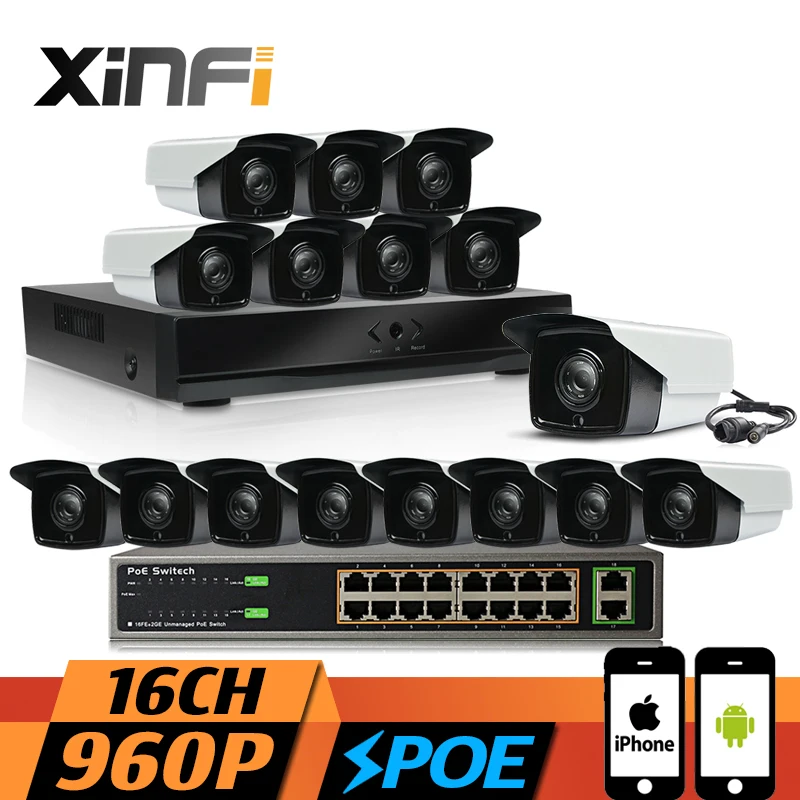 Фото XINFI 16CH POE cctv System with 16ch NVR Network Video Recorder 16 ports switch 16pcs 960P poe 1.3mp Camera CCTV kit | Безопасность и