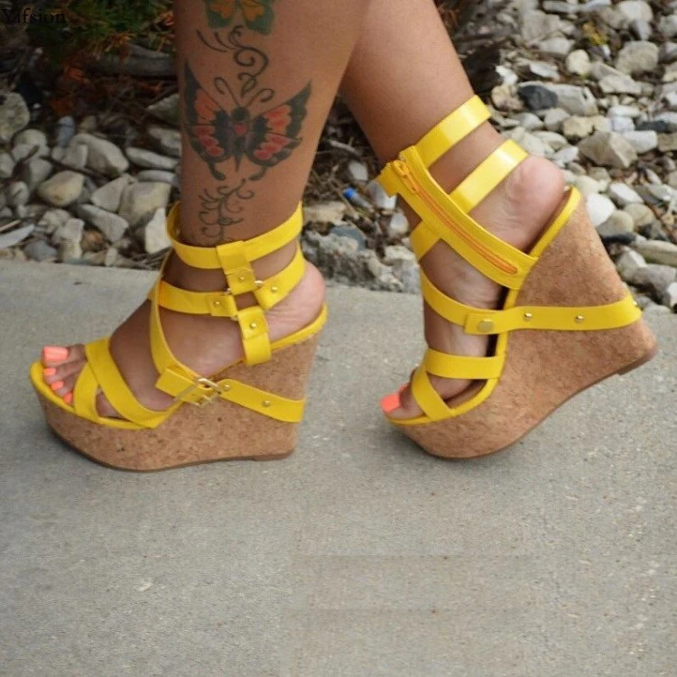 Фото Olomm Women Platform Gladiator Sandals Sexy Wedges High Heels Shoes Open Toe Yellow Red Party US Plus Size 5-15 | Обувь