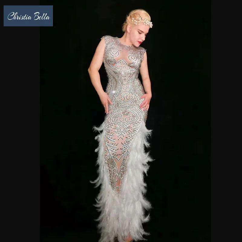 New Elegant Crystals Feather Prom Long Dress for Women Party Rhinestones Bodycon Dress Ladies Sleeveless Singer Stage Dress
New Elegant Crystals Feather Prom Long Dress for Women Party Rhinestones Bodycon Dress Ladies Sleeveless Singer Stage Dress