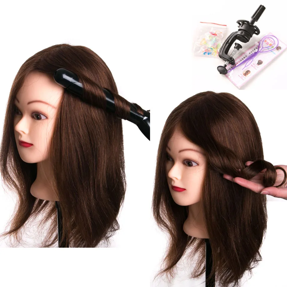

real human hair head dolls for hairdressers 16'' brown training head professional Mannequin with small clamp,can be curled dye