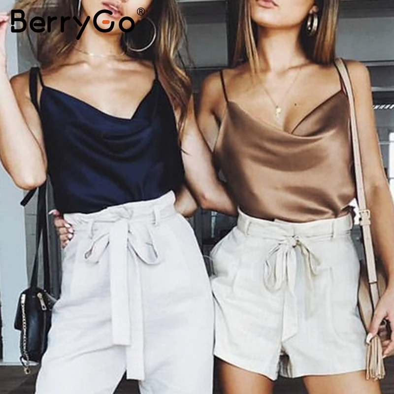 

BerryGo Sexy V neck satin women summer camis top Casual strapless silk solid crop tanks top Elegant party club camisas femininas