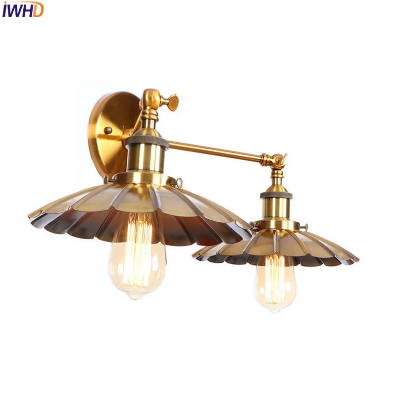 

IWHD Loft Style Golden Vintage Wall Lamp Living Room 2 Heads Edison LED Retro Wall Light Sconce Home Lighting Lampara Pared