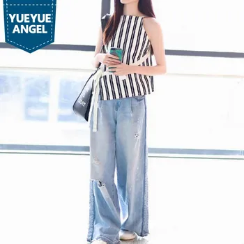 New Suits Star Style Striped Vest With Sashes Sleeveless Wide Leg Jeans Womens Hole Ripped Straight Jeans Female Jean Sets
New Suits Star Style Striped Vest With Sashes Sleeveless Wide Leg Jeans Womens Hole Ripped Straight Jeans Female Jean Sets