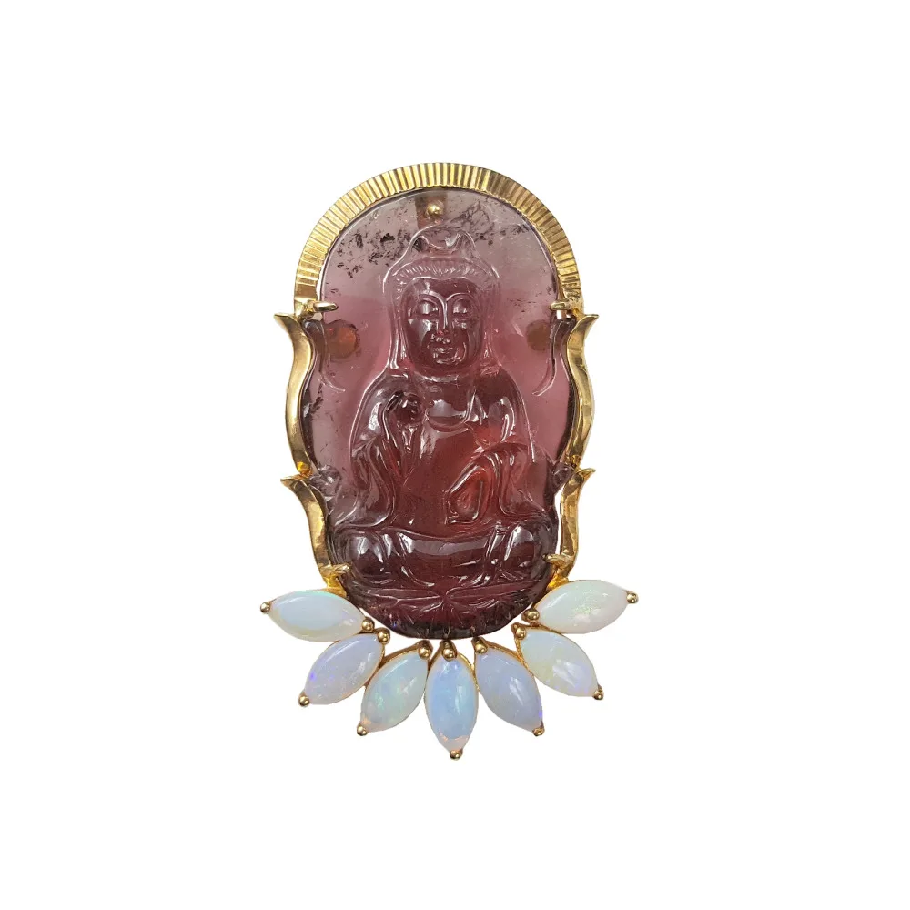 Lii Ji 18K Gold 21x34mm Natural Red Tourmaline Carved GuanYin Opal Pendant 
Lii Ji 18K Gold 21x34mm Natural Red Tourmaline Carved GuanYin Opal Pendant