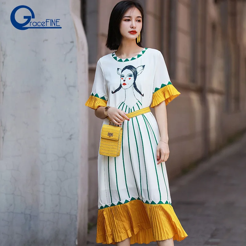 Korean style new casual O-Neck printed lotus leaf sleeve yellow pleated loose long dress summer party Dress Female vestido
Korean style new casual O-Neck printed lotus leaf sleeve yellow pleated loose long dress summer party Dress Female vestido