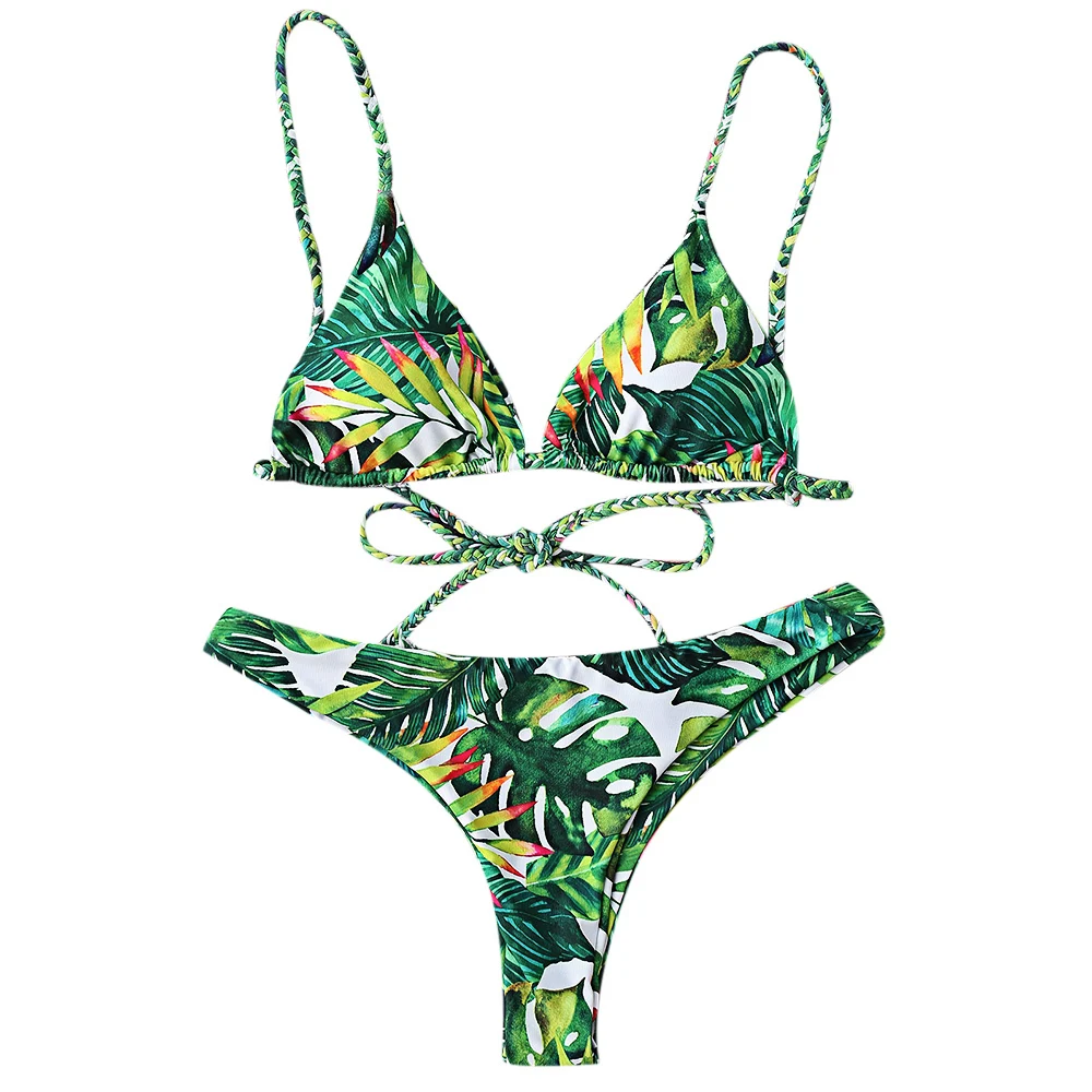

ZAFUL 2019 Women Swimsuit Swimwear Thong Strap Bikini Set Braided Brazilian Tropical Print Plunge Bikini Set Low Waist