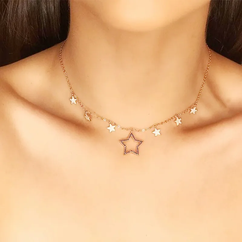 925 Sterling Silver Rose Gold Color Five-Star Bling Chain Choker Necklace Star Pendant Paved Black cz Stone for Wommen Wedding
925 Sterling Silver Rose Gold Color Five-Star Bling Chain Choker Necklace Star Pendant Paved Black cz Stone for Wommen Wedding
