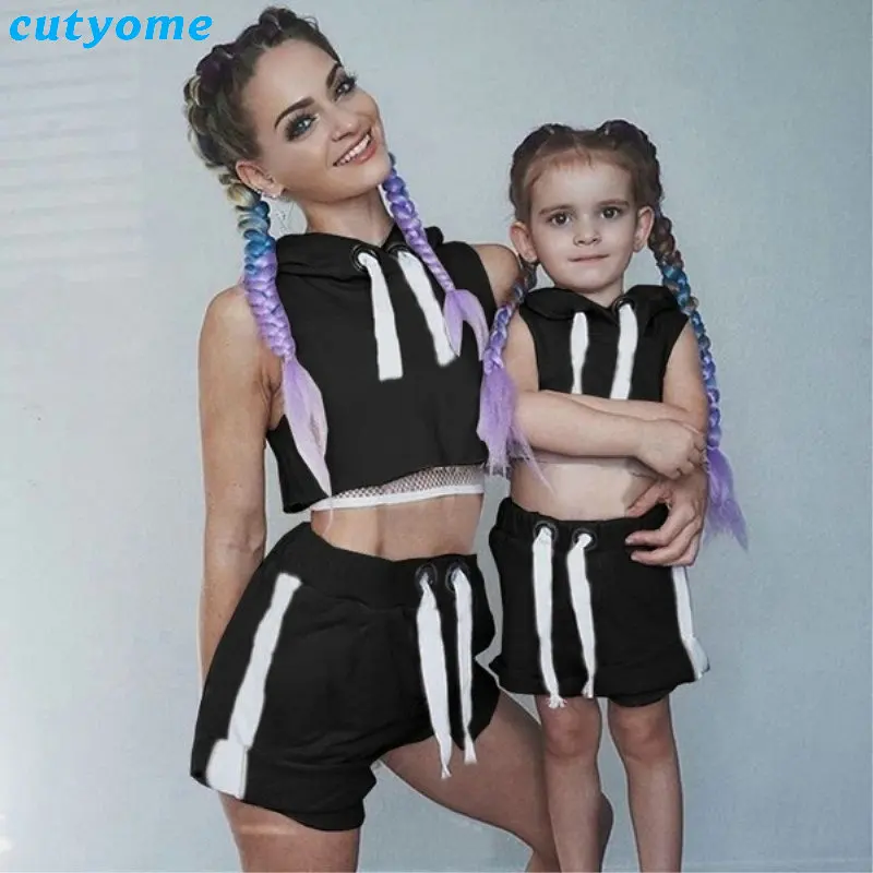 Mommy And Me Summer Sport Mathing Clothing Set Sleeveless Hooded tshirt+Cotton Skirt For Family Mother Daughter Clothes Outfits (5)