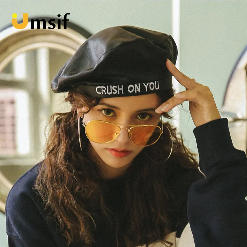 Women's Letter Embroidery PU Leather Berets Hat 2018 New Winter Womens Flat Top Beret Beanie Hats French Style Painters Hat&Caps
Women's Letter Embroidery PU Leather Berets Hat 2018 New Winter Womens Flat Top Beret Beanie Hats French Style Painters Hat&Caps