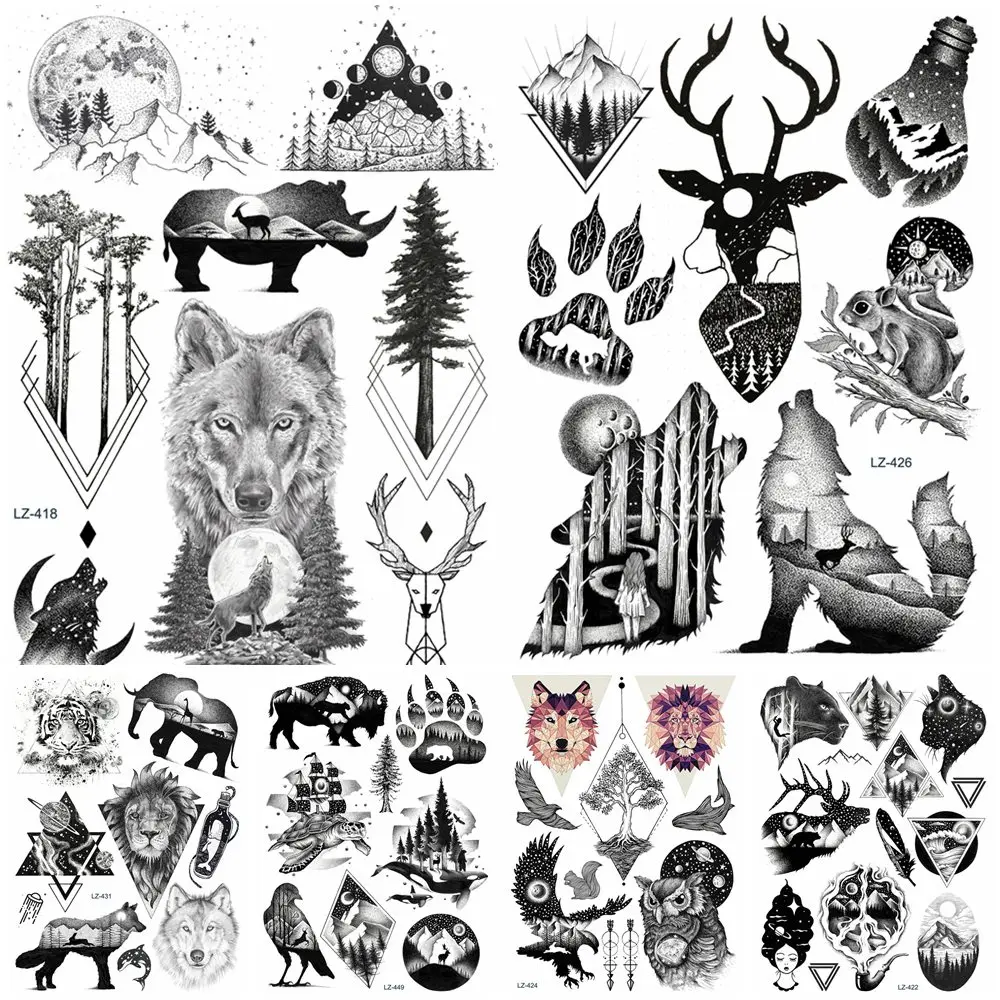 

Black Fake Wolf Wrist Men Diamond Tree Tattoos Stickers Body Arm Hands Waterproof Tattoo Temporary Women Custom Art Tatoo Paste