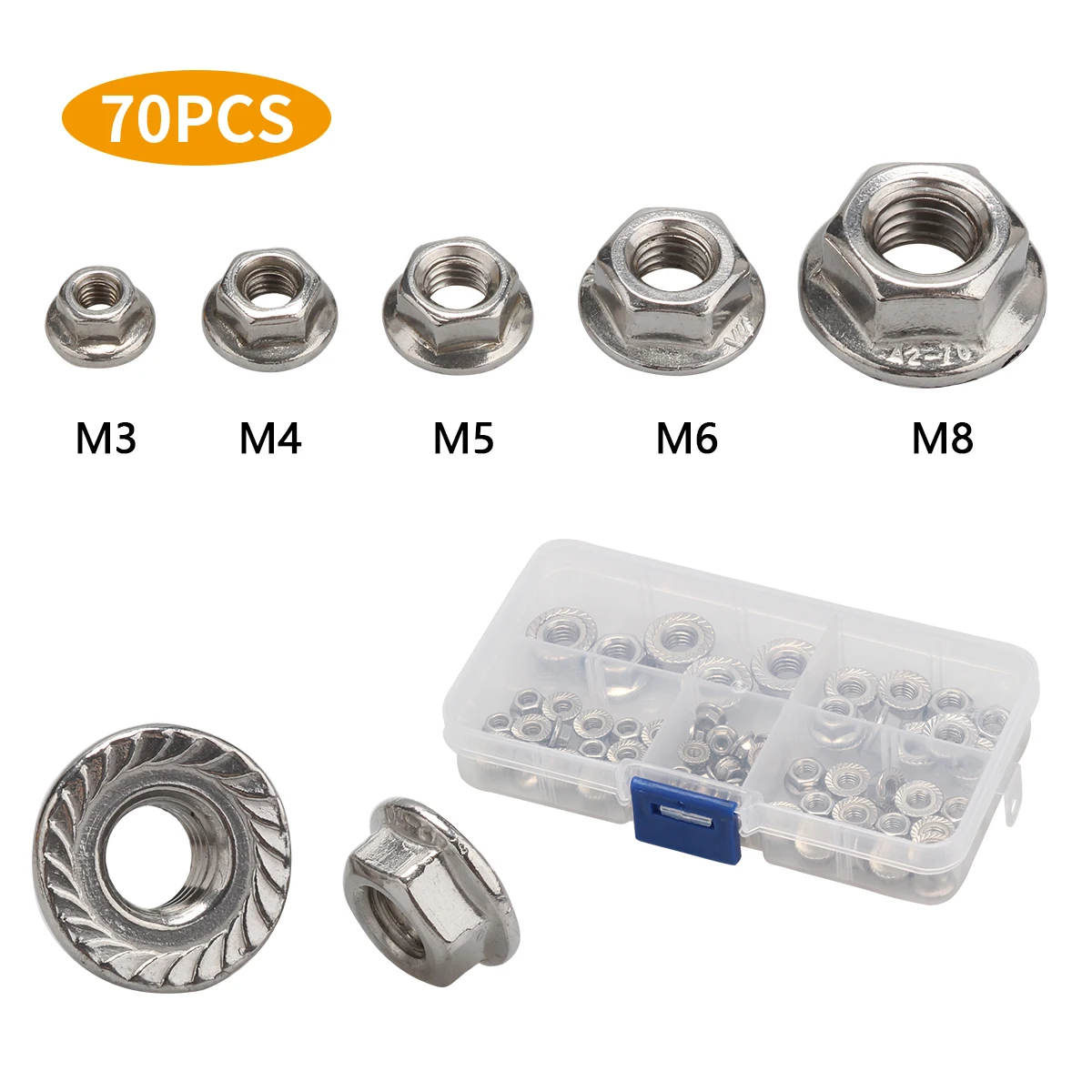 70Pcs/set M3 M4 M5 M6 M8 Stainless Steel Hexagon Flange Nuts Pinking Slip Locking Lock Nut Assortment Kit
70Pcs/set M3 M4 M5 M6 M8 Stainless Steel Hexagon Flange Nuts Pinking Slip Locking Lock Nut Assortment Kit