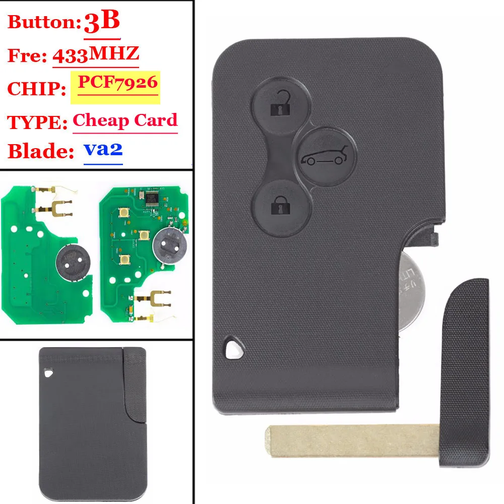 (1PCS) 3 Button 433Mhz ID46 PCF7926 Chip with Emergency Insert Blade Smart Remote Key For Renault Megane Scenic 2003-2008 Card
(1PCS) 3 Button 433Mhz ID46 PCF7926 Chip with Emergency Insert Blade Smart Remote Key For Renault Megane Scenic 2003-2008 Card