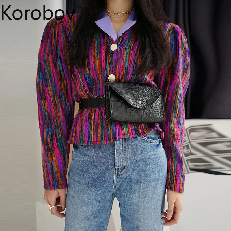Korobov Autumn New Vintage Rainbow Striped Patchwork Women Coats Hit Color Button Crop Jacket Turn-down Collar Korean Coat 78148
Korobov Autumn New Vintage Rainbow Striped Patchwork Women Coats Hit Color Button Crop Jacket Turn-down Collar Korean Coat 78148