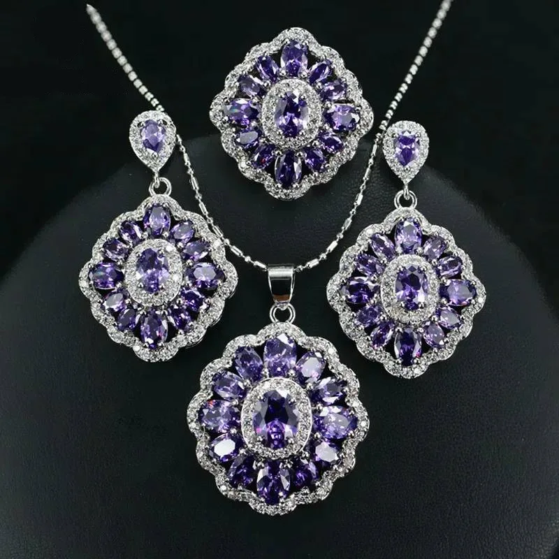 Luxury Purple Crystal Zircon Bridal Silver Jewelry Sets For Women Pendant Necklace Ring Earrings Wedding Statement Jewelery Gift
Luxury Purple Crystal Zircon Bridal Silver Jewelry Sets For Women Pendant Necklace Ring Earrings Wedding Statement Jewelery Gift