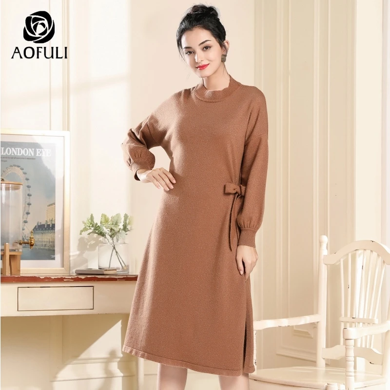 AOFULI solid winter knitted dress for ladies brown batwing sleeve sweater dress loose casual long knitwear L- XXXL 4XL 5XL A3779
AOFULI solid winter knitted dress for ladies brown batwing sleeve sweater dress loose casual long knitwear L- XXXL 4XL 5XL A3779