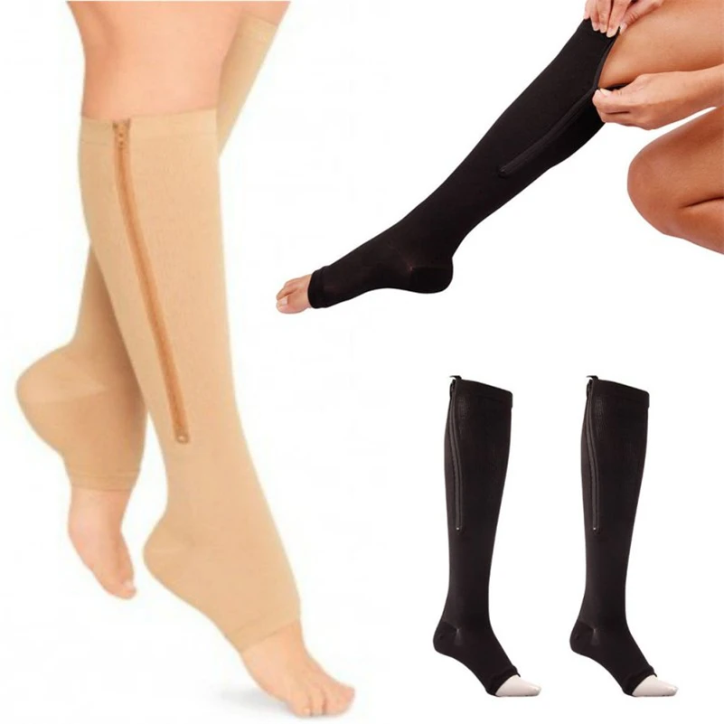 Image New Women Zipper Compression Socks Zip Leg Support Knee Sox Open Toe Sock S M XL LT5