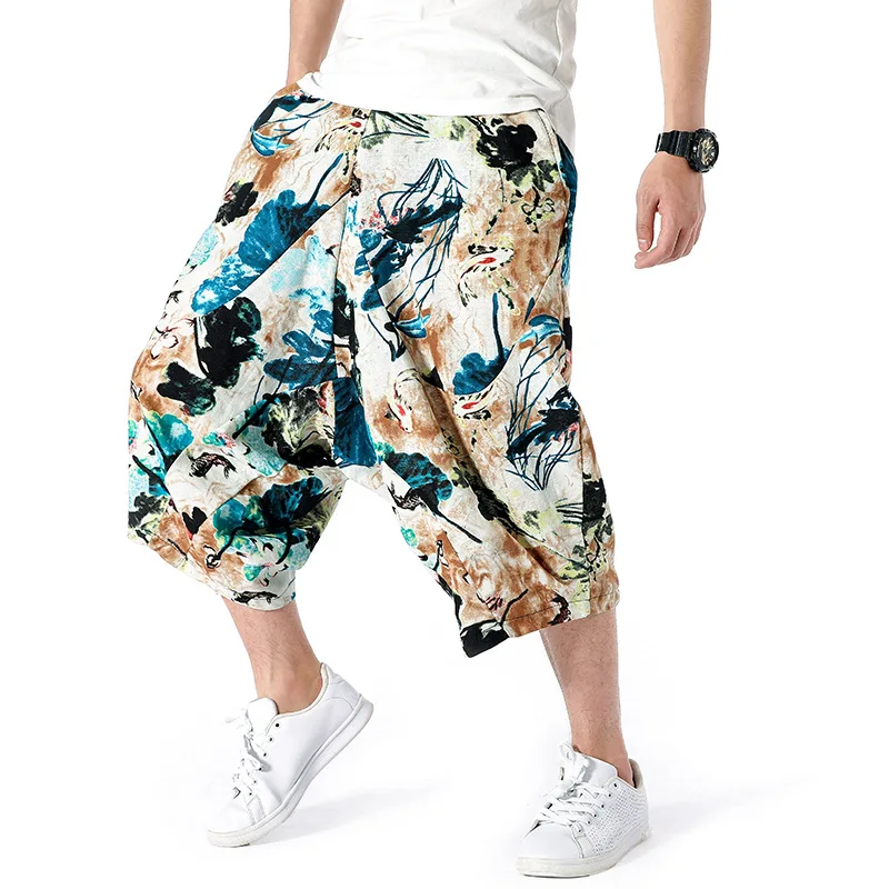 Hand Paint Harem Pants Men Calf Length Asian Style National Loose 5XL Casual Hip Hop Men's Trousers Streetwear Muti Color | Мужская