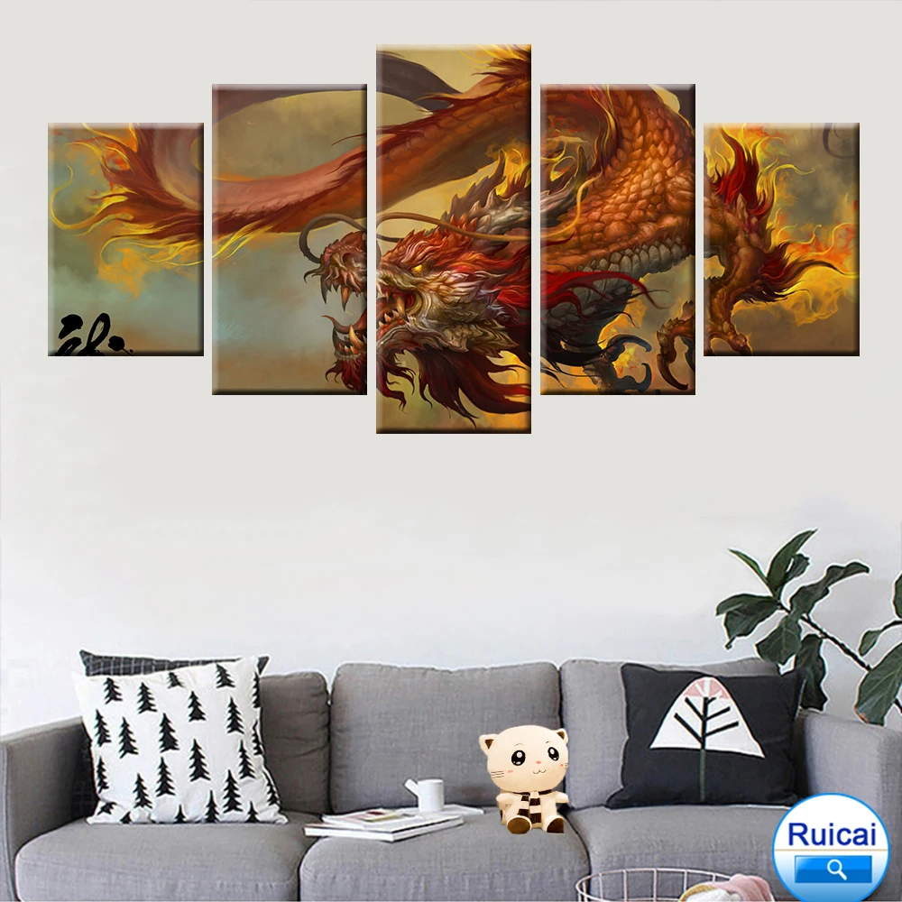 

Oriental culture auspicious Chinese dragon canvas painting poster living room study home decoration mural 5 panel HD printing