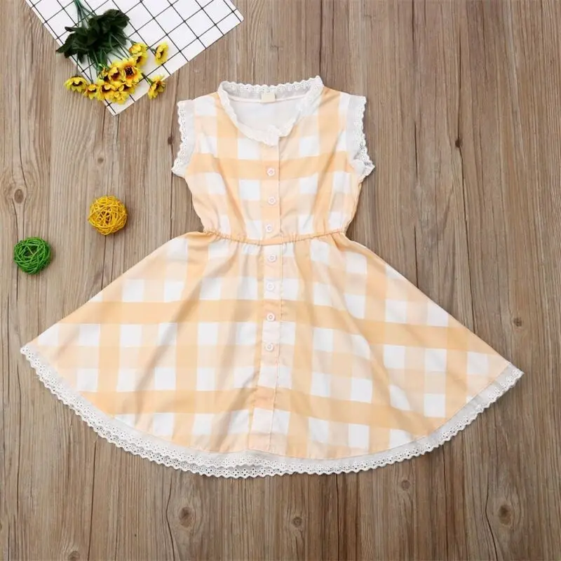 New Toddler Kids Baby Girl Casual Dresses Party Lace Plaid Sleeveless Button Dress Outfits Set | Детская одежда и обувь