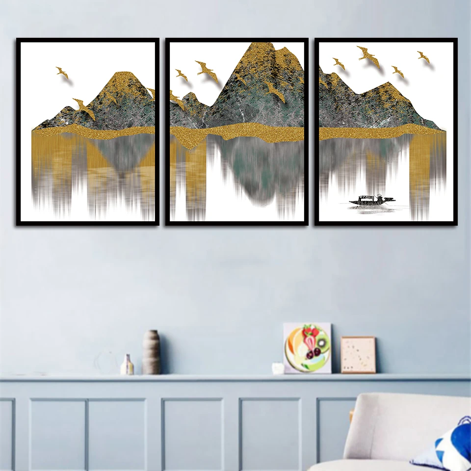 Фото Скандинавский холст A4 живопись золотой гравий гор озеро птица пейзаж картины