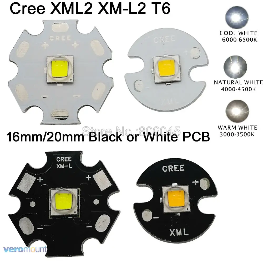 

2x CREE XML2 XM-L2 T6 Cool White 6500K Neutral White 4500K Warm White 3000K High Power LED Emitter 16mm 20mm White or Black PCB