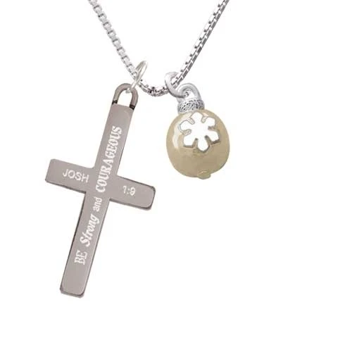 Gold Tone Ornament with White Snowflake - Strong and Courageous - Cross Necklace (1)