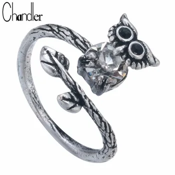 Antique Silver Plated Night Owl Rings Bird Charming Wrap Cocktail Vintage Old Jewelry For Women CZ Crystal Anel Aneis anillos