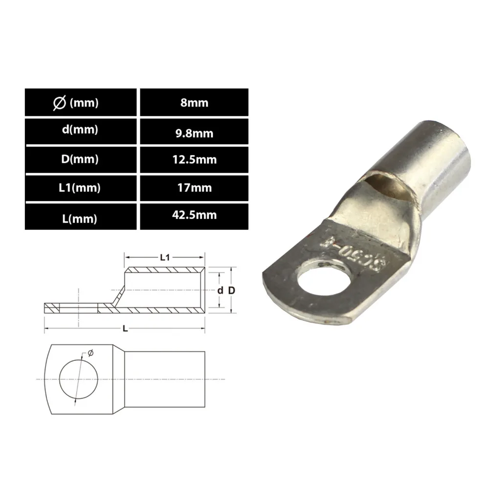 SC 50-8 Sizes 50mm 8mm Bolt Hole Tinned lugs Copper Tube Terminals Battery Cable Lugs/Eyelets
SC 50-8 Sizes 50mm 8mm Bolt Hole Tinned lugs Copper Tube Terminals Battery Cable Lugs/Eyelets