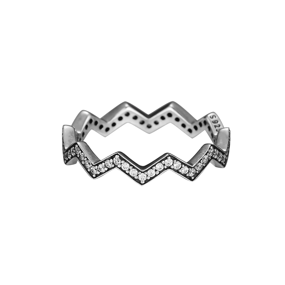 

High Quality 925 Sterling Silver Shimmering Zigzag Clear CZ Finger Rings for Women Wedding Original Jewelry Making