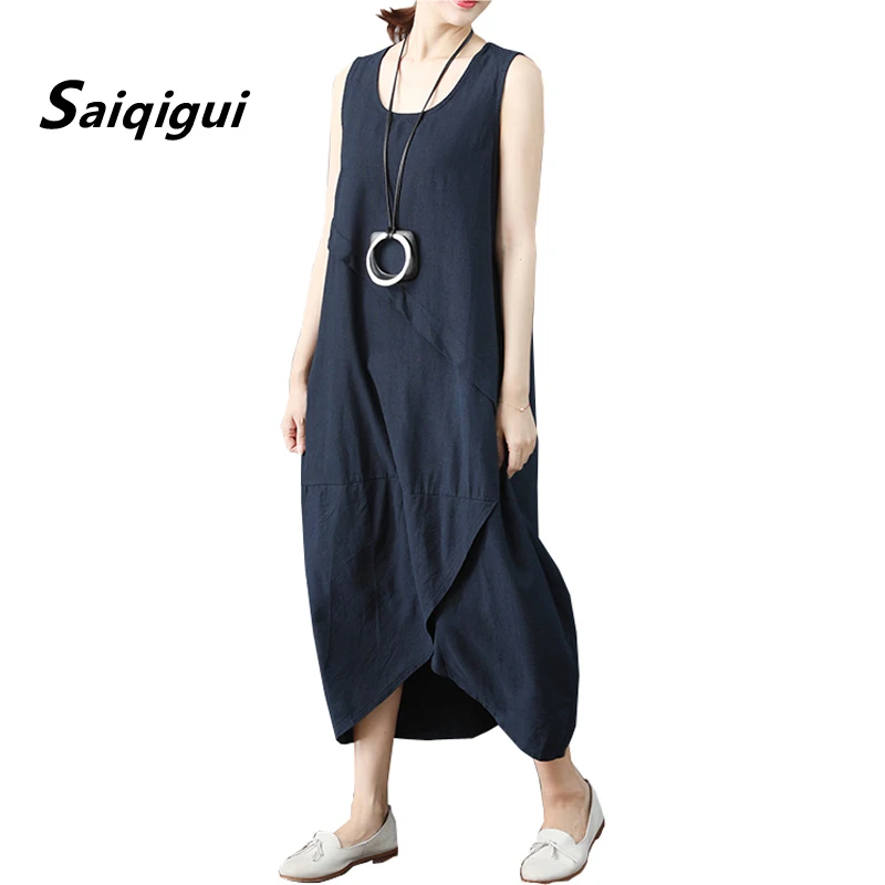 Saiqigui 2019 Summer dress sleeveless women dress casual loose Solid O-Neck cotton Linen dress lager size vestidos de festa
Saiqigui 2019 Summer dress sleeveless women dress casual loose Solid O-Neck cotton Linen dress lager size vestidos de festa