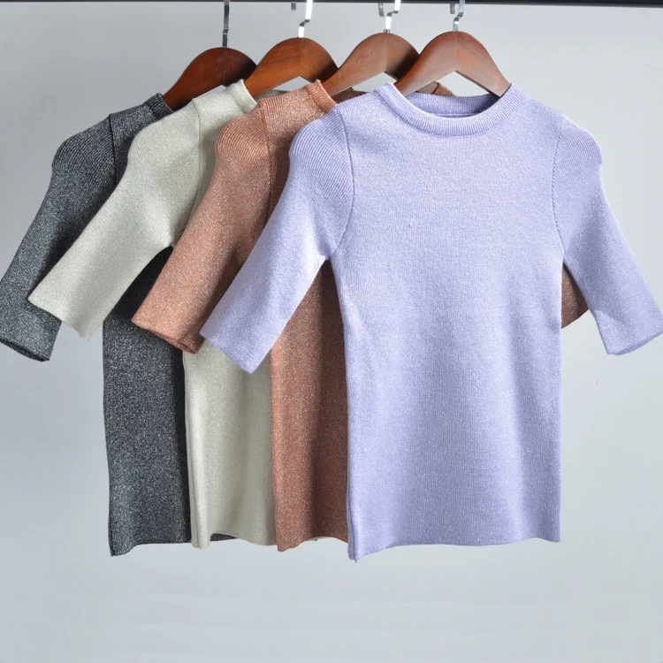 2019 Lurex Women Summer T shirt Fashion Knitted Short Sleeves Top O-Neck Casual Femme Tshirt Hot Sale | Женская одежда