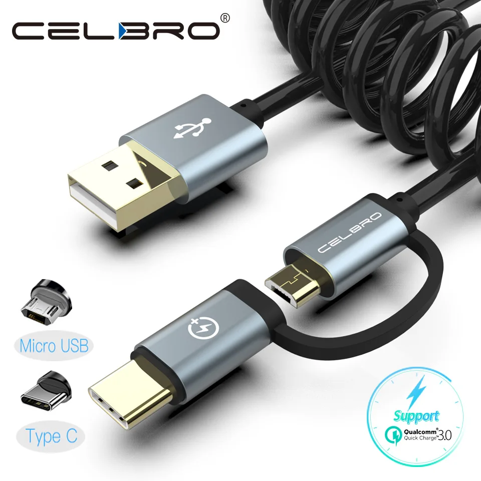 

USB Cable Micro USB Type C Cable Spring Coiled 2 In 1 Multi USB Charger Cable Kabel Cord For Huawei Samsung Xiaomi Oneplus HTC