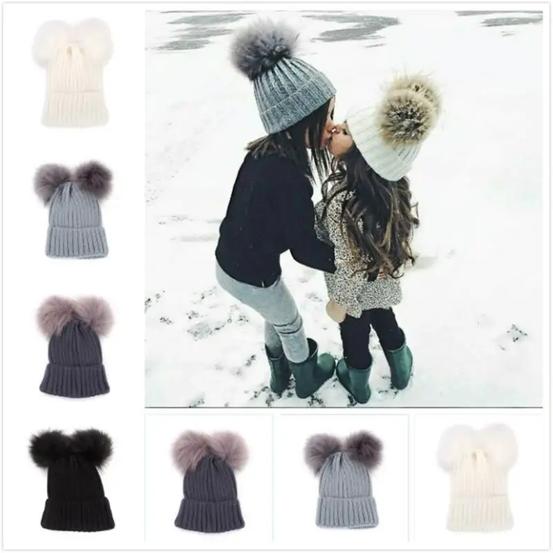 

New Winter Children Cute Knitted Woolen Hat Fashion Double Ball Lovely Mickey Hat Thicken Keep Warm Knitted Ski Fur Cap