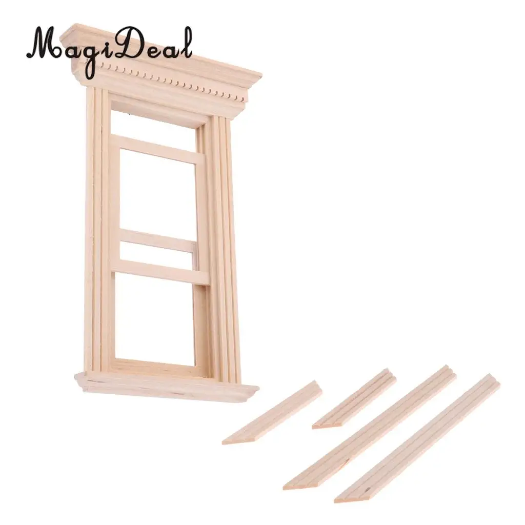 4 Set 1/12 Unpainted Wood Movable 2-Pane Sash Window & Frame & Glass Sheet Dolls House Room Fairy Garden Decor