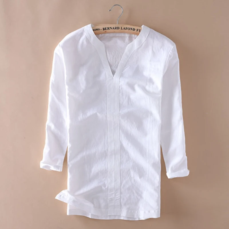 Chinese Mens V-Neck Three Quarter Sleeve Linen Shirt Vintage Style Mens Sleeved Shirt Solid Color Summer White Beach Clothing
Chinese Mens V-Neck Three Quarter Sleeve Linen Shirt Vintage Style Mens Sleeved Shirt Solid Color Summer White Beach Clothing