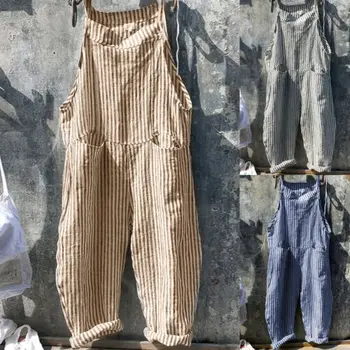 

2019 Lady Casual Loose Overall Stripe Sleeveless Baggy Jumpsuit Dungarees Playsuit Trousers Overalls Summer Women Clothes