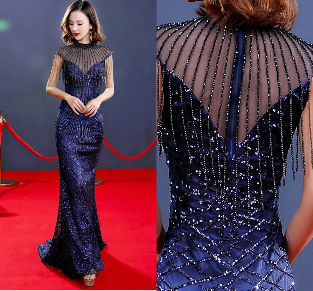 New Navy Blue Sequins Prom Dresses 2019 High Neck Sweep Train Beading Evening Gowns A-line Vestido De Noiva Formal Party Dress
New Navy Blue Sequins Prom Dresses 2019 High Neck Sweep Train Beading Evening Gowns A-line Vestido De Noiva Formal Party Dress