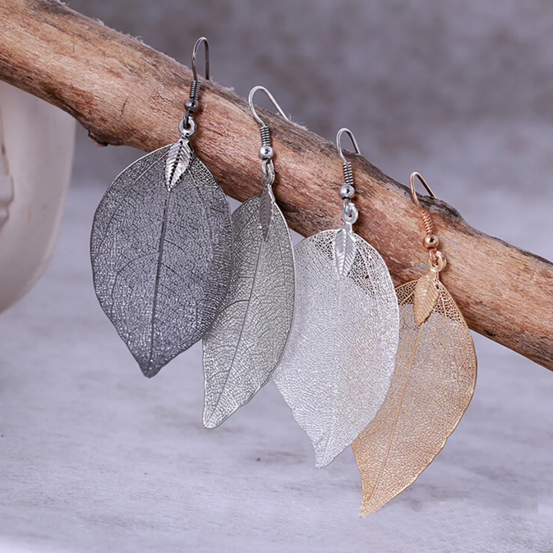 

Punk Lady Earring Long Chain Necklace Shellhard Natural Real Dipped Leaf Leaves Dangle Earrings For Women Ethic Jewelry