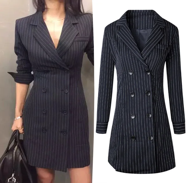 2019 Autumn Women's Striped Double Breasted Blazer Office Lady Jackets Slim Work Blazers Dress Navy Blue
2019 Autumn Women's Striped Double Breasted Blazer Office Lady Jackets Slim Work Blazers Dress Navy Blue