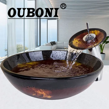 

OUBONI Vessel Vanity Hand Painting Finish Basin Sink Countertop Bowl Vessel Tempered Glass Basin Faucet Set
